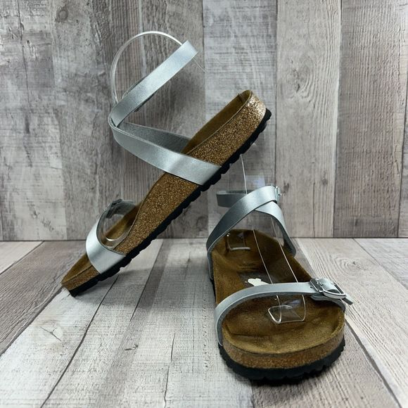Birkenstock Daloa Womens Ankle Strap Birko Flor Sandal Leather Silver Sz 7 EU 38 - Picture 2 of 13